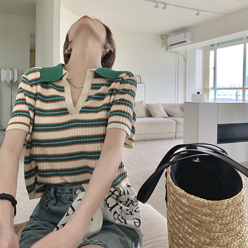 Áo polo Dệt Kim Mỏng Họa Tiết Kẻ Sọc Thời Trang Mùa Hè Cho Nữ