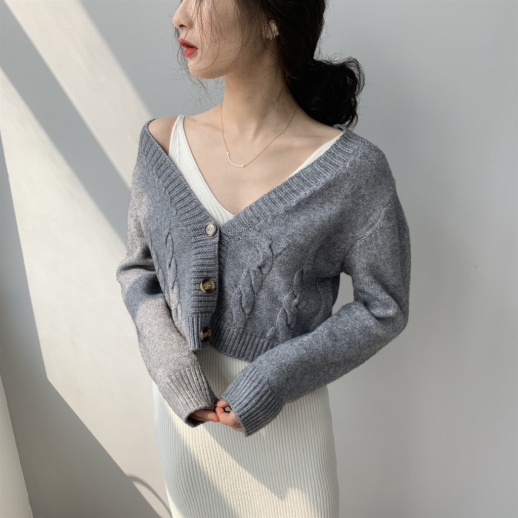 Áo Khoác Cardigan Dệt Kim Tay Dài Dáng Ngắn Thời Trang Cho Nữ