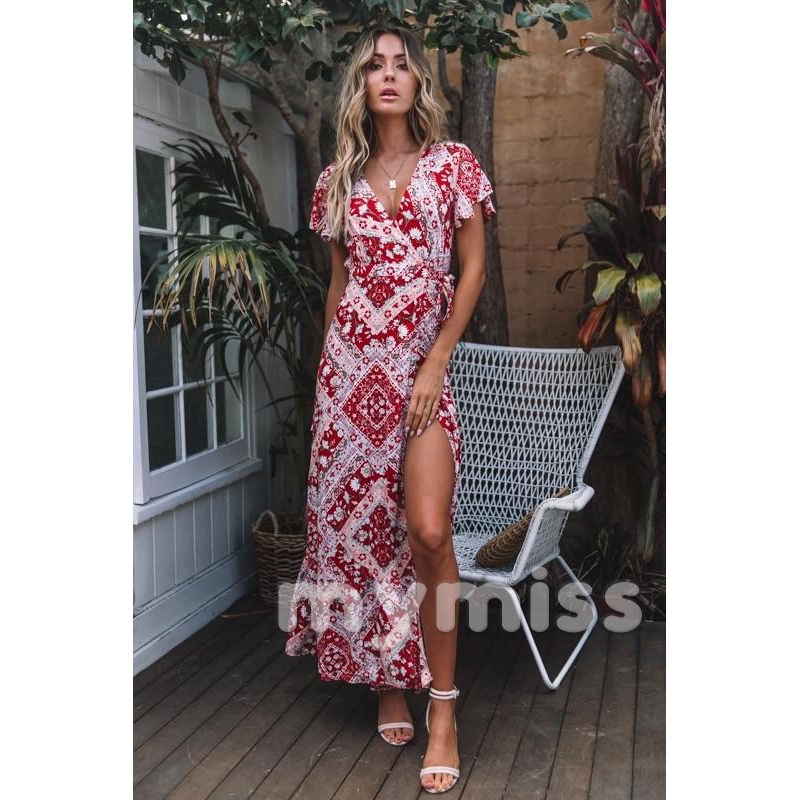 Đầm hoa hai dây cổ V nhún bèo phong cách boho thời trang cho nữ