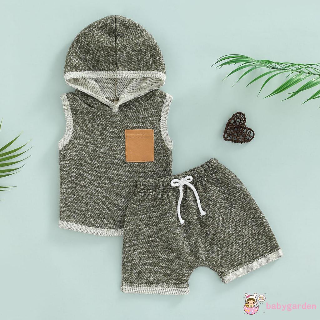 Bộ Áo Hoodie Sát Nách + Quần Short Lưng Cao Thời Trang Mùa Hè Cho Bé Trai 0-3 Tuổi