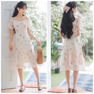 Đầm midi, váy đuôi cá in hoạ tiết cherry đỏ, váy trễ vai (kèm hình thật)