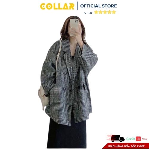 Áo dạ nữ COLLAR tay dài cổ vest kẻ 4 cúc may túi nắp form rộng đơn giản dễ phối đồ kiểu dáng hàn quốc