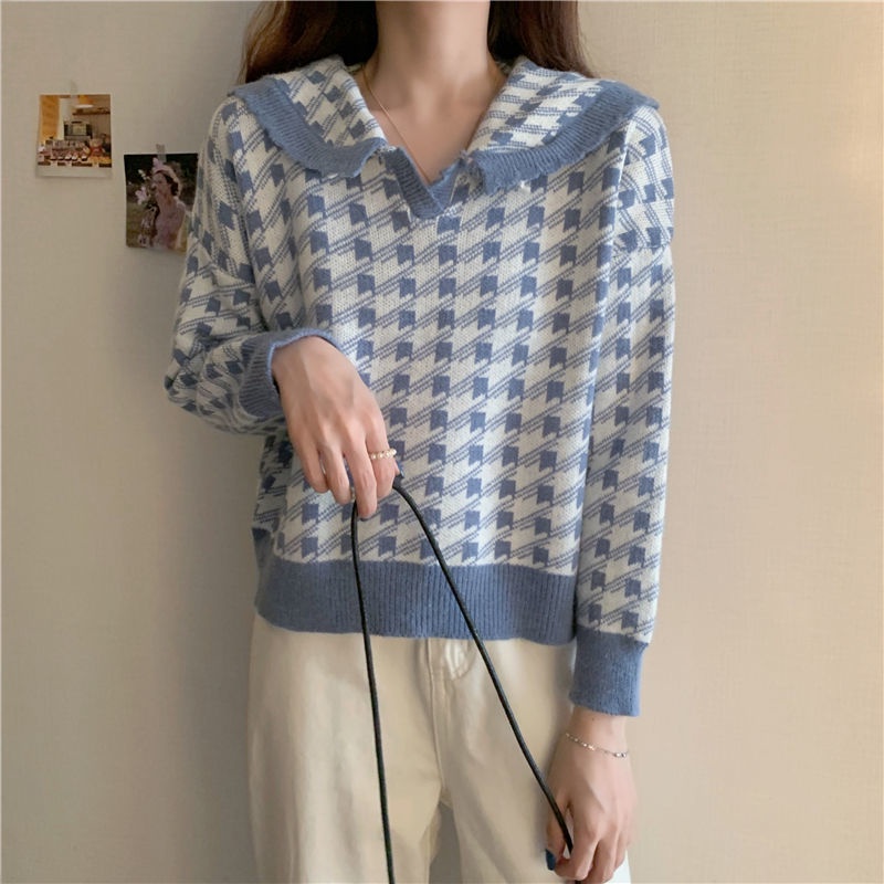 Áo dệt kim tay dài cổ búp bê dáng rộng phong cách hàn quốc