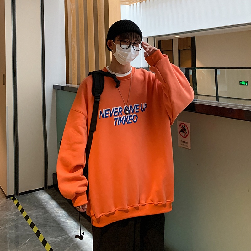 Áo Sweater cổ tròn lót nhung màu trơn in chữ thời trang cho nam Size M-5XL