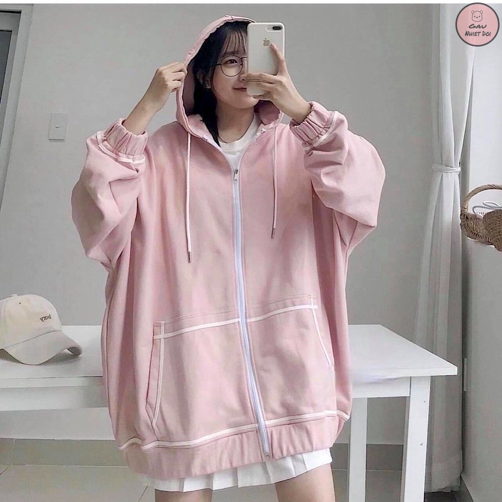 [Gấu Nhiệt Đới] Áo Khoác Nỉ Hoodie Tay Bồng Chạy Viền Khóa Kéo Kèm Mũ Full 3 Màu Trendy