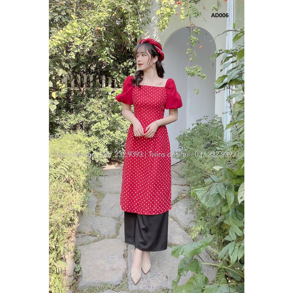 Áo dài nữ KÈM QUẦN, áo dài cách tân TWINS STORE chất nhung, họa tiết chấm bi, tay bồng nhẹ - AD006