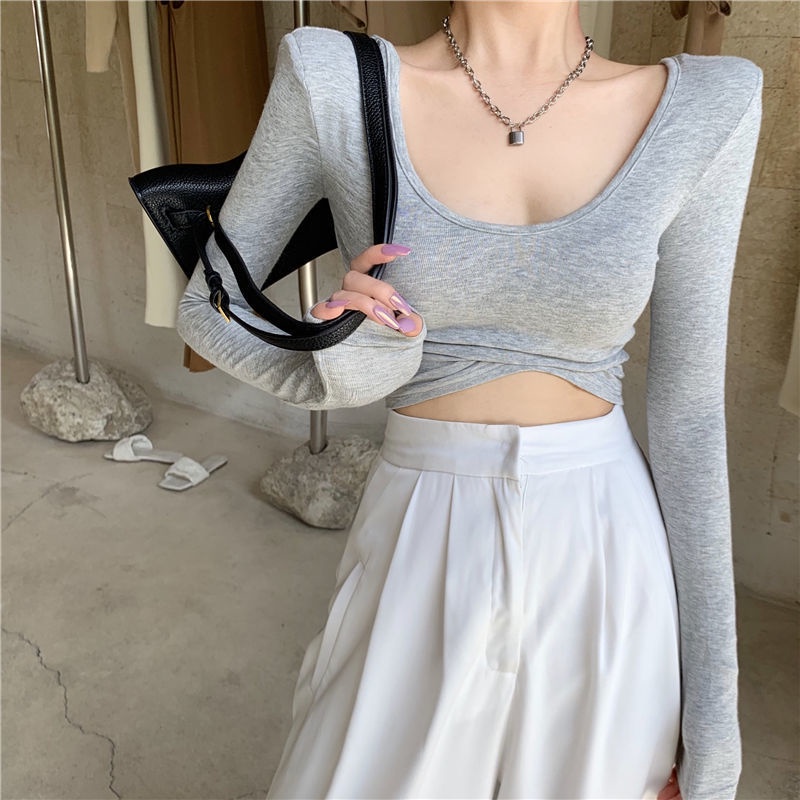 Áo thun COZOK tay dài cổ chữ U dáng ôm quyến rũ trẻ trung cho bạn gái