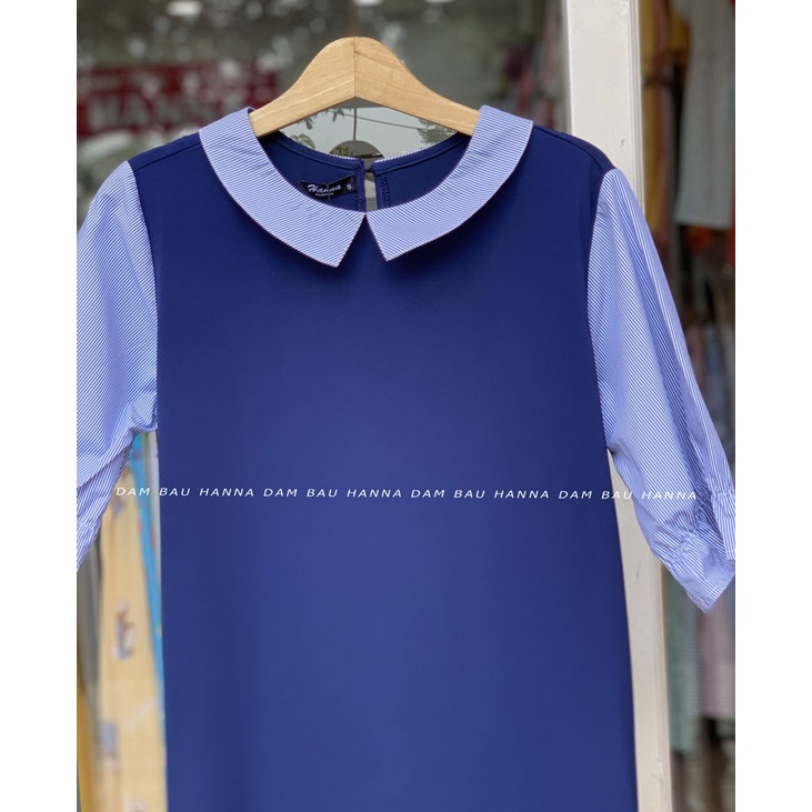 [SIZE 40-80KG] Đầm bầu công sở màu xanh đen phối sọc lịch sự vải mát không nhăn có 2 túi bên sườn dáng suông mặc gọn