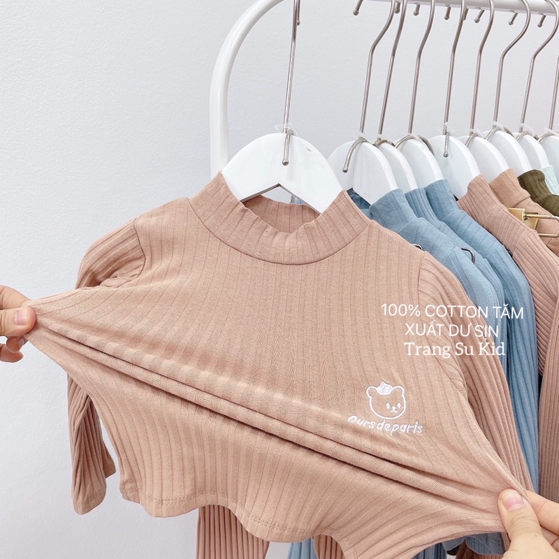 COMBO 3 BỘ TĂM DÀI TAY CỔ 3 PHÂN THÊU GẤU CHO BÉ GÁI.