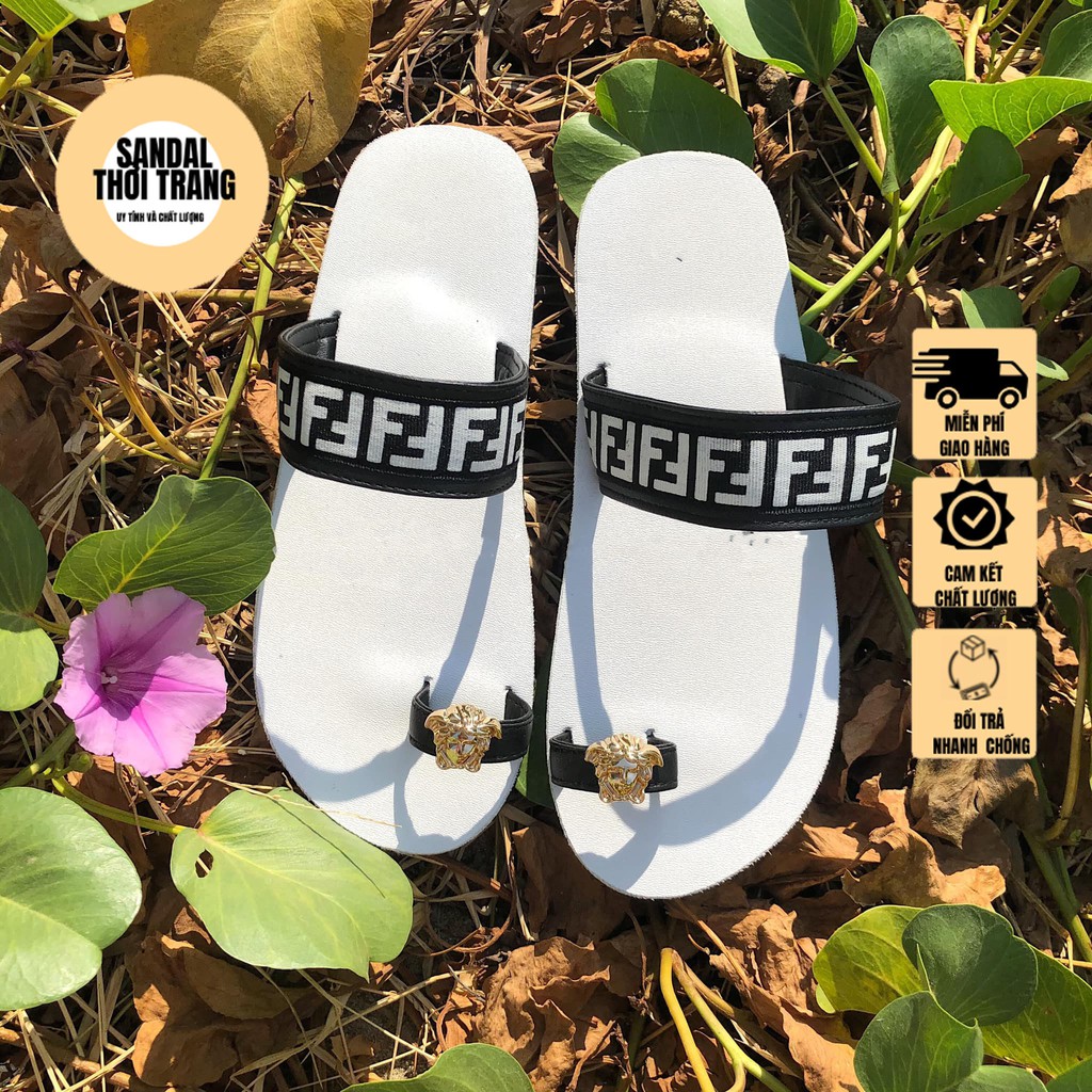 Dép sandal nữ xỏ ngón, SANDALTHOITRANG  FF Trắng/đen full size 30-44