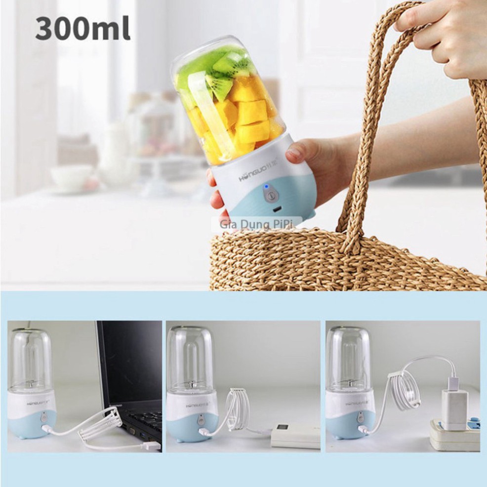 (4 lưỡi)Máy xay sinh tố cầm tay mini sạc pin, Máy say sinh tố cầm tay đa năng mini 300ml Honguo