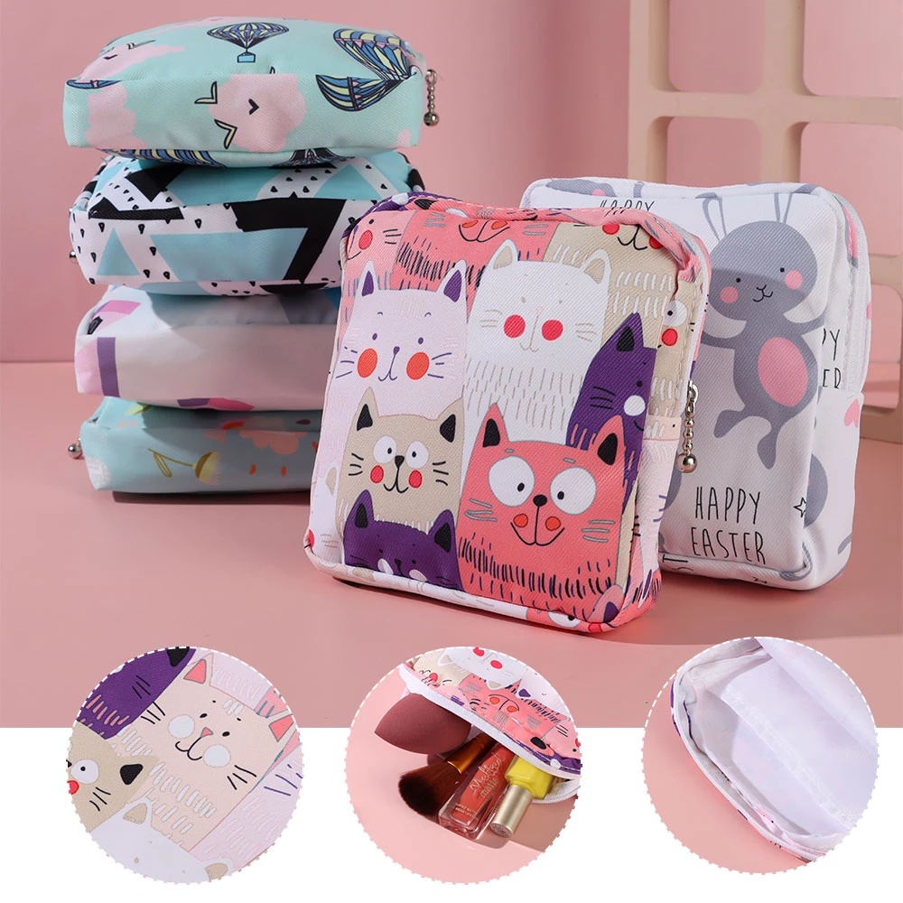Túi Đựng Mỹ Phẩm/ Đồ Vệ Sinh Cá Nhân Cầm Tay Bằng Cotton Chống Nước Có Khóa Kéo In Họa Tiết Hoạt Hình Cho Nữ