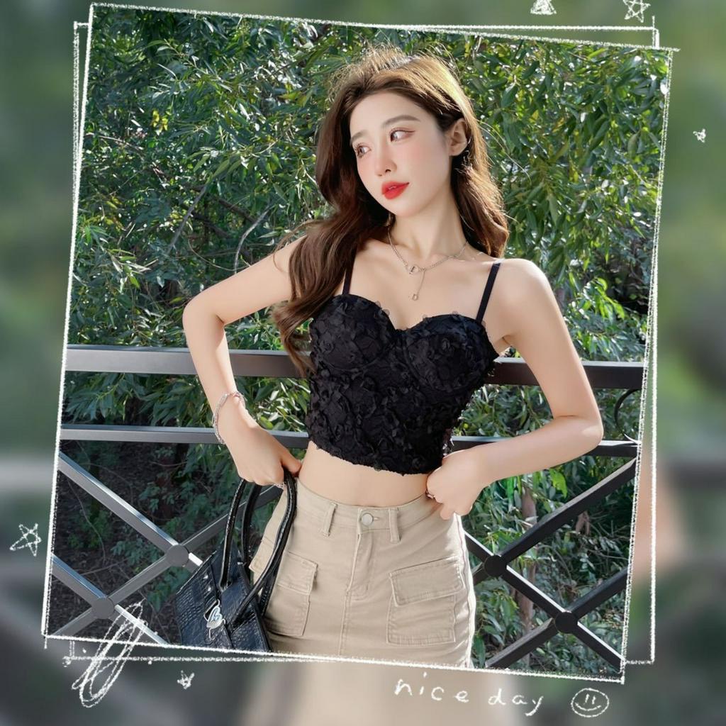 Áo croptop nữ ren - Áo bra ống công chúa thêu hoa hồng lưng chun siêu xinh thật phong cách Kingshop B1905
