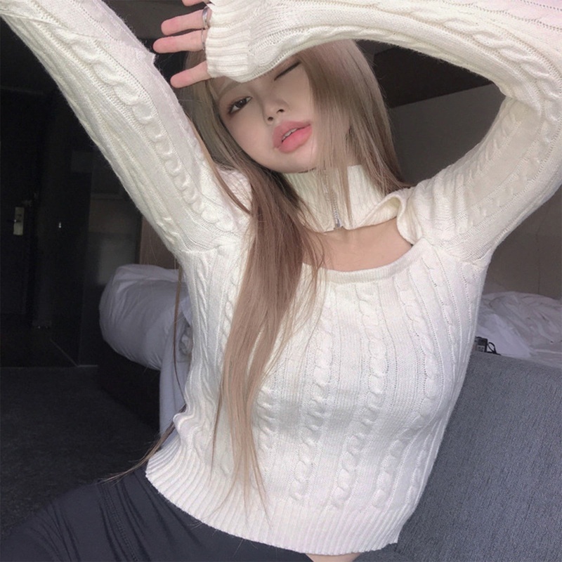 Áo Croptop Dệt Kim Tay Dài Cổ Lọ Phối Khóa Kéo Trước Màu Trơn Phong Cách Harajuku Quyến Rũ Cho Nữ