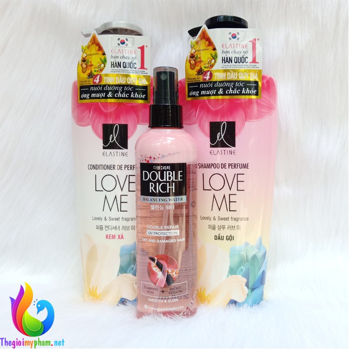 Combo Dầu Gội - Dầu Xả Elastine Love Me 600ml + Nước Xịt Dưỡng Tóc Khô Xơ Và Hư Tổn Double Rich 250ml