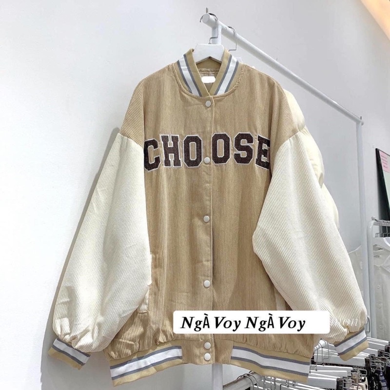 Áo Khoác Nhung Tăm Thêu Chữ CHOOSE ❤ Áo BomBer Bóng Chày Nam Nữ Phong Cách Hàn Quốc