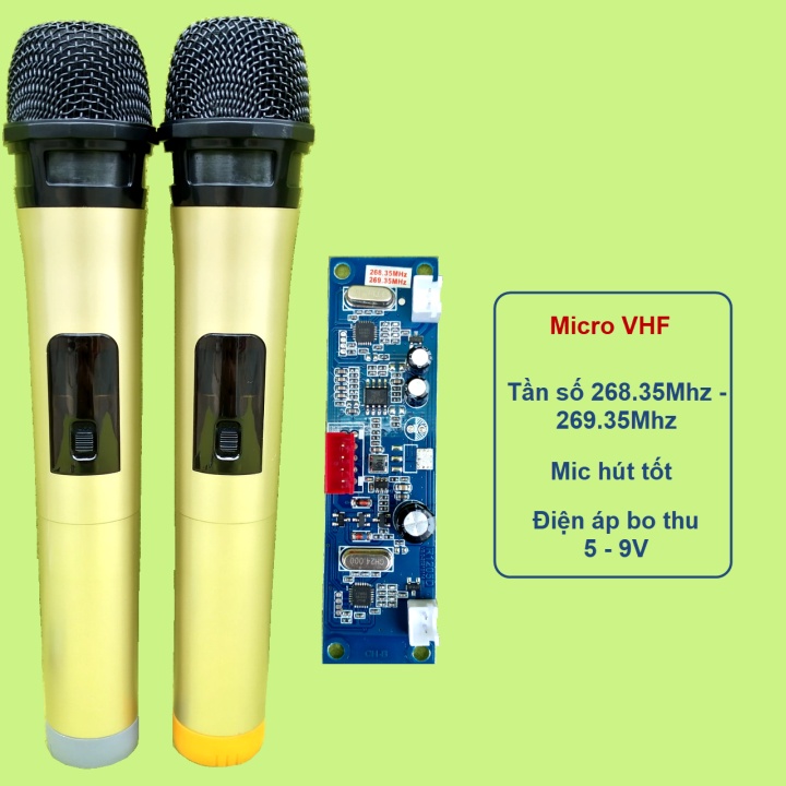 Micro không dây đôi VHF tần số  268.35Mhz – 269.35 Mhz loa kéo mạch loa kéo màu vàng, micro cho loa kéo