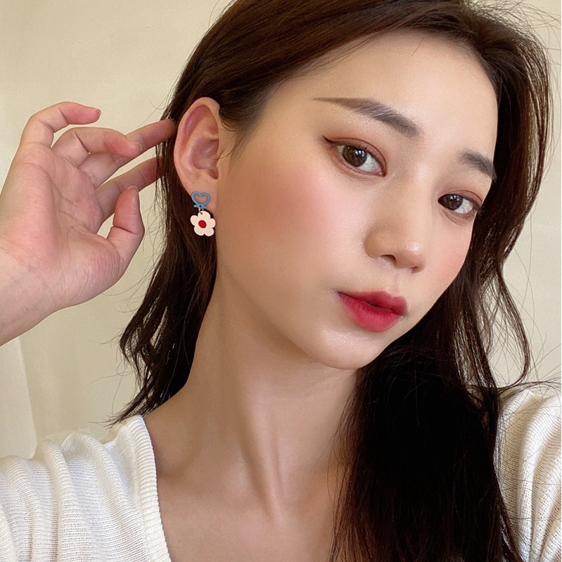 Bông tai mạ bạc 925 hình gấu và hoa đơn giản phong cách Hàn Quốc