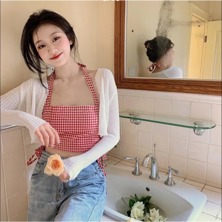 Áo yếm hai dây phối dây rút eo họa tiết caro ngọt ngào thời trang hè cho nữ