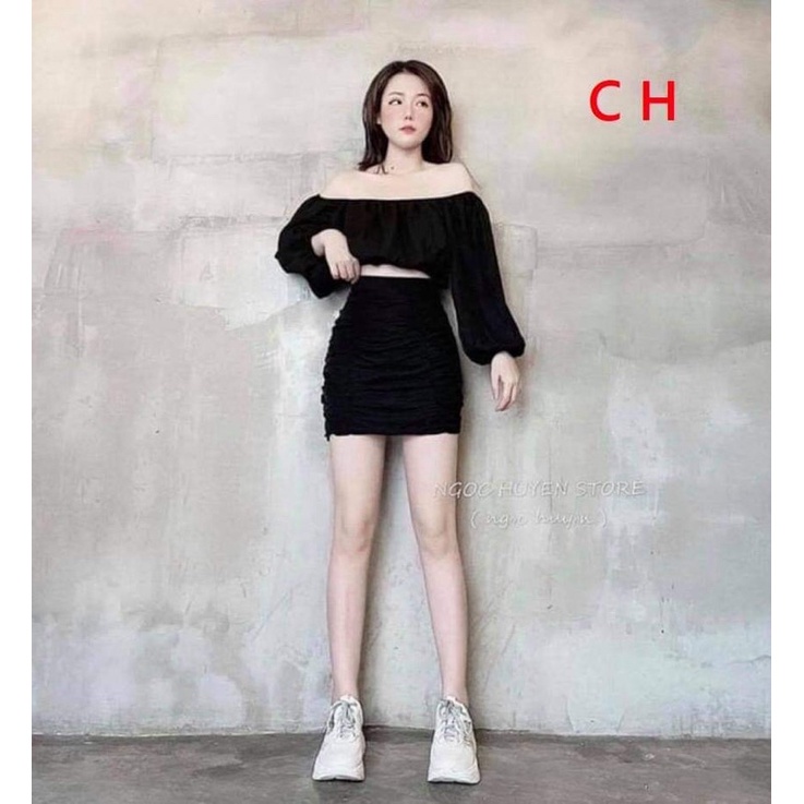 Set áo trễ vai tay bồng + chân váy đuôi cáChất thô lụa bánh bèo Vintage tiểu thư☘️ Phong cách Hàn Quốc