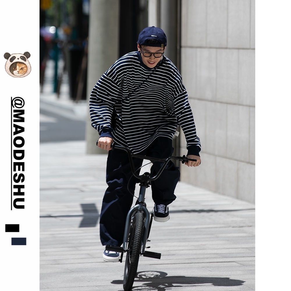 Áo Sweater Cổ Tròn Tay Dài Dáng Rộng Họa Tiết Kẻ Sọc Phong Cách Nhật Bản Thời Trang Cho Nam Và Nữ