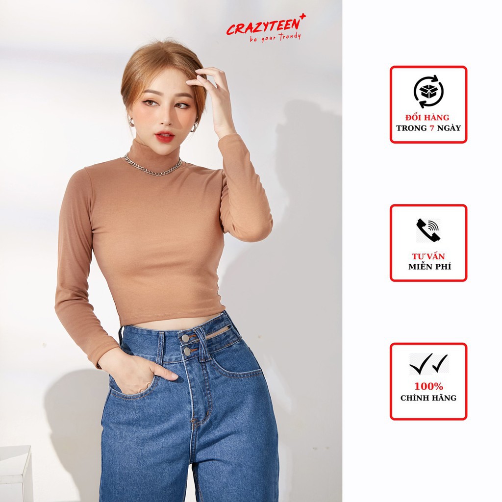 Áo thun croptop nữ CRAZYTEEN  cổ lọ tay dài chất gân tăm AT0111