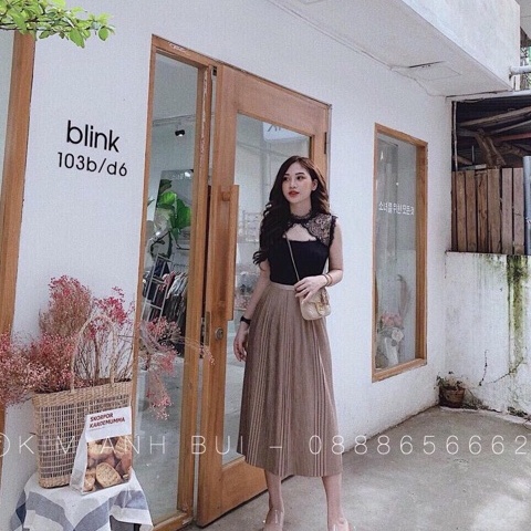 Chân váy dập li nhỏ LINH RUBI STORE cạp chun dáng xòe dài qua gối V016