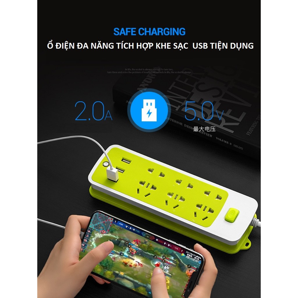 Ổ Điện Đa Năng 6 Ổ Cắm 3 Khe USB Tiện Dụng Sạc Điện Thoại Laptop - Ổ Cắm Điện Thông Minh Có Cổng USB Chống Giật