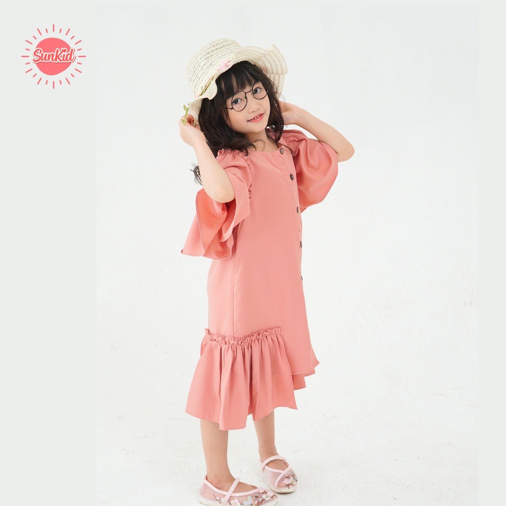Váy đầm bé gái mùa hè xòe cách điệu hè đính cúc vải trượt nhật cao cấp Jumping KC màu đỏ,hồng size trẻ em 4-12