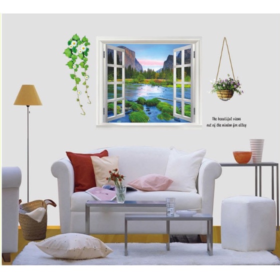 Decal trang trí tường - Cửa sổ cảnh núi , rừng cây thông , và sông