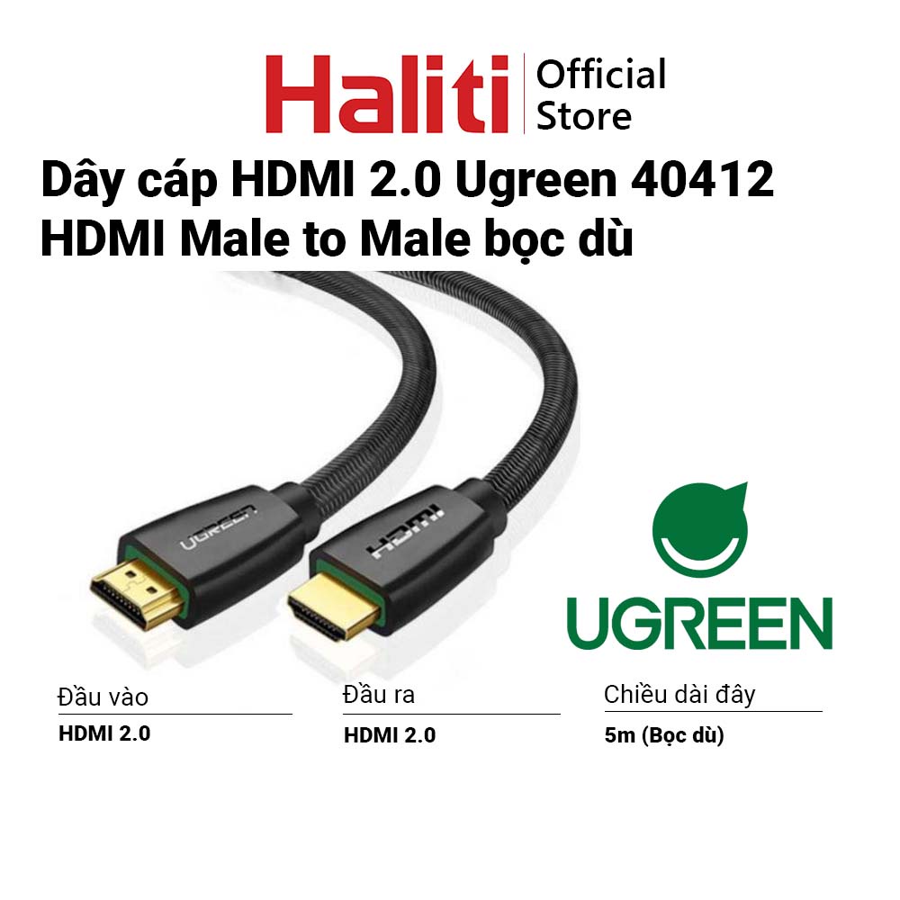 Dây cáp HDMI 2.0 5m Ugreen 40412 - Dây cáp HDMI Male to Male bọc dù - Haliti Official Store