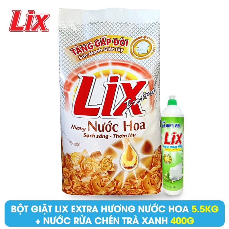 Combo Bột Giặt Lix Extra Hương Nước Hoa 5.5Kg + Nước Rửa Chén Lix Siêu Đậm Đặc Trà Xanh 400g - EH055 + TX40T