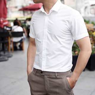 Áo sơ mi ngắn tay nam lụa trắng cao cấp chất dày dặn, co giãn nhẹ