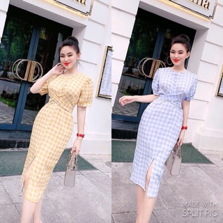 Váy kẻ xoắn eo