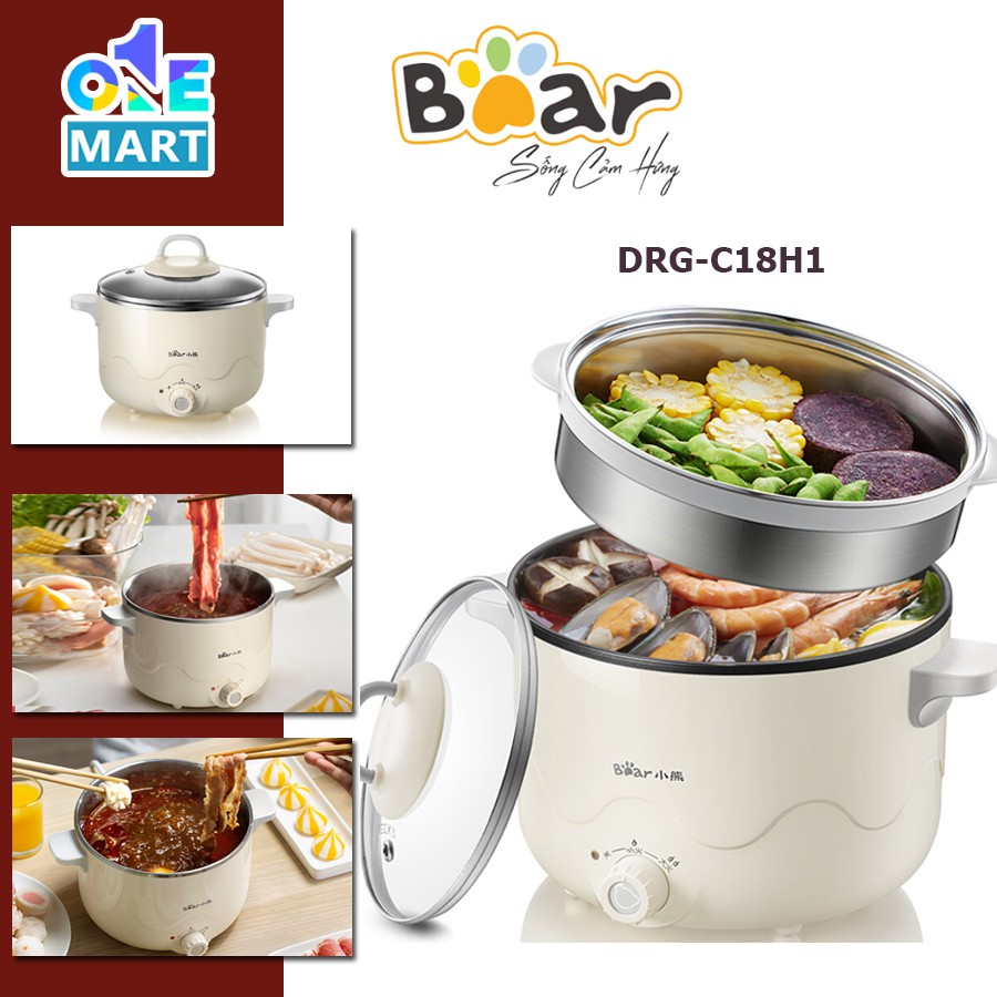 Nồi lẩu điện đa năng Bear DRG-C18H1 dung tích 2.5L điều chỉnh nhiệt độ dễ dàng nướng lẩu hấp cực tiện lợi