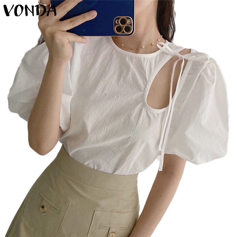 Áo Kiểu VONDA Tay Phồng Ngắn Cổ Tròn Màu Trơn Thời Trang Mùa Hè Phong Cách Hàn Quốc Cho Nữ