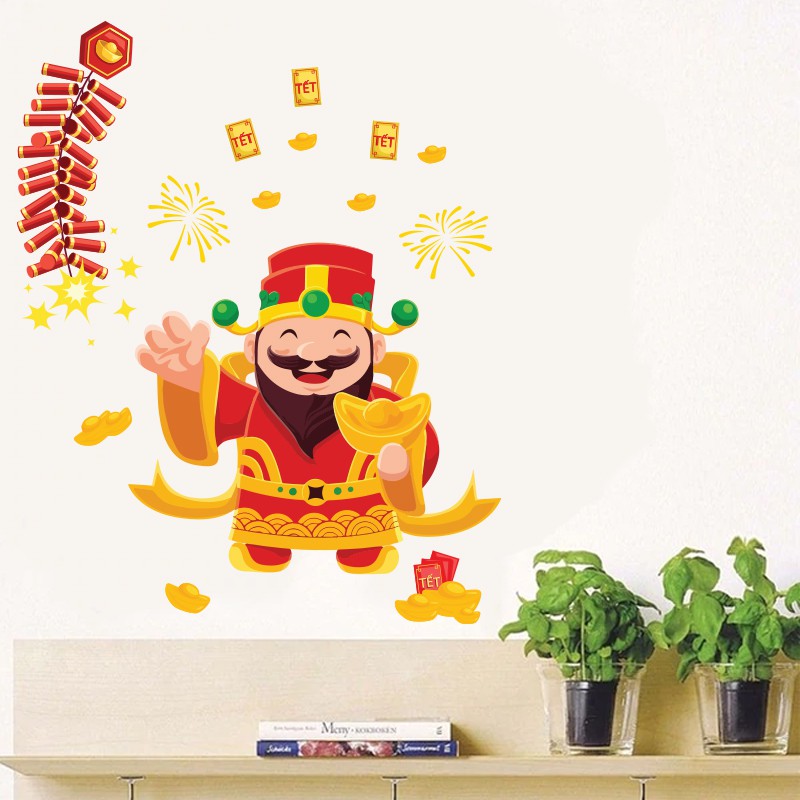 Hình Dán Ông Thần Tài | Decal Dán Tường Trang Trí Quán Cafe, Quán Nail, Phòng Spa, Dán Phòng Ngủ, Phòng Khách
