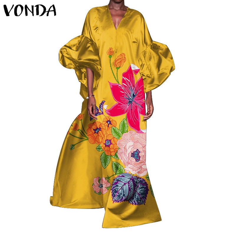 Đầm VONDA cổ chữ V tay áo phồng dài 3/4 họa tiết hoa phong cách thông thường thời trang cho nữ