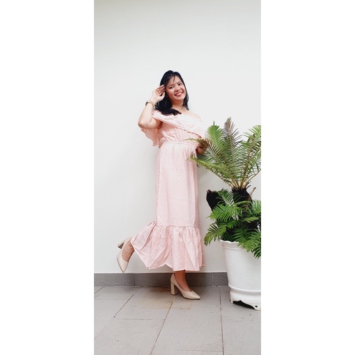 [48-60kg]Đầm maxi lanh đầm hở vai đầm lệch vai đầm đa năng mặc nhiều kiểu