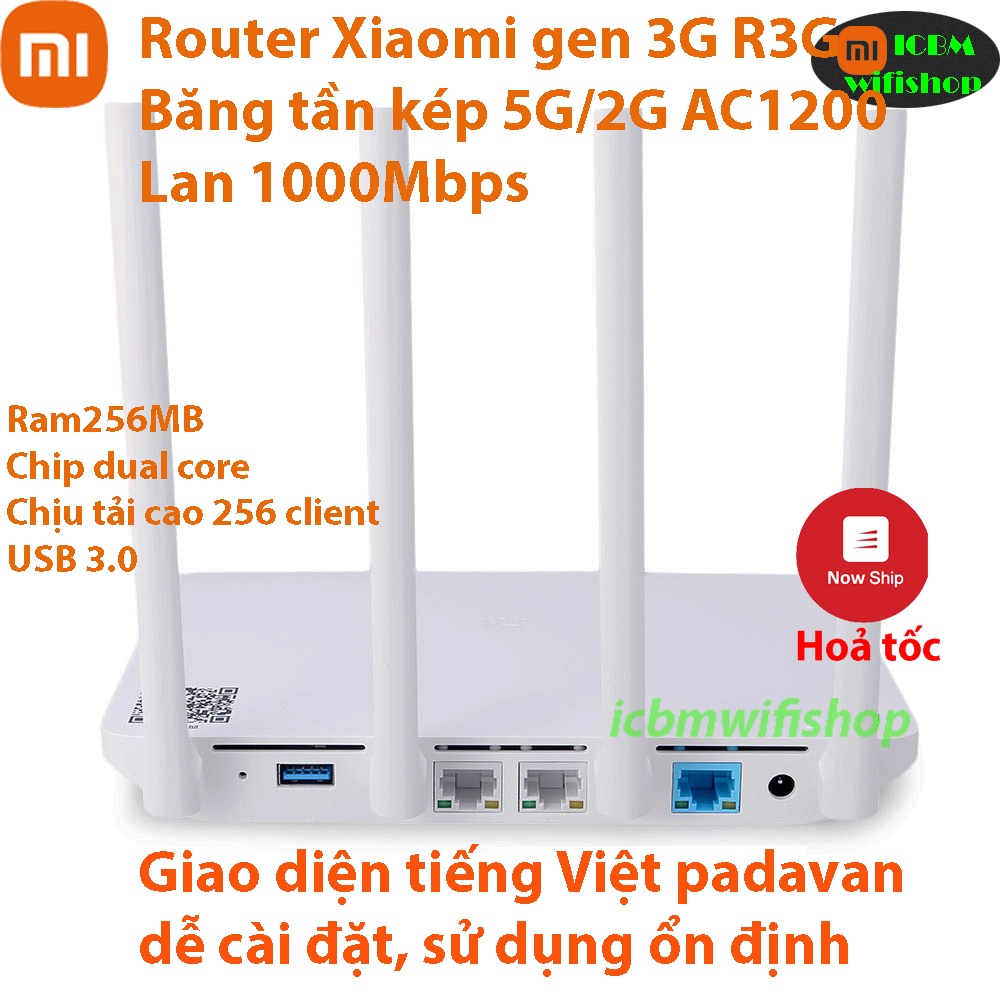 Phát wifi Xiaomi router 3G R3G  băng tần kép,  Wan Lan gigabit AC1200,USB 3.0, tiếng Việt Padavan, rom gốc.