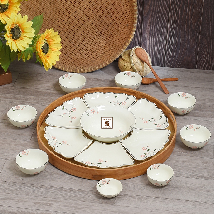 Bộ bát đĩa hoa mặt trời hoạ tiết Đào hồng Gốm sứ Bát tràng cao cấp, Thuyền ngự gà đào hồng sz chuẩn dk 45cm
