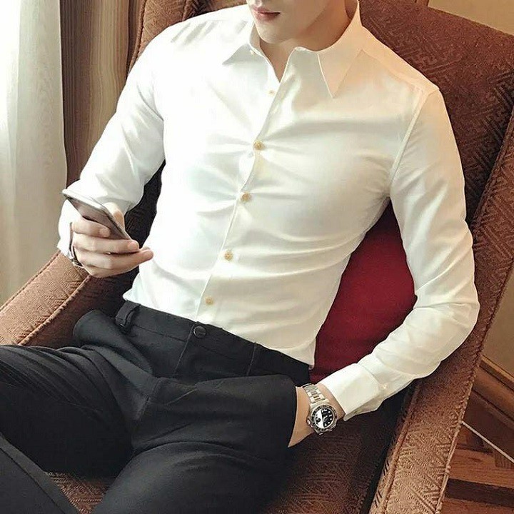 Sơ mi lụa nam cao cấp gấp hộp MÀU TRẮNG KEM dài tay cổ bẻ