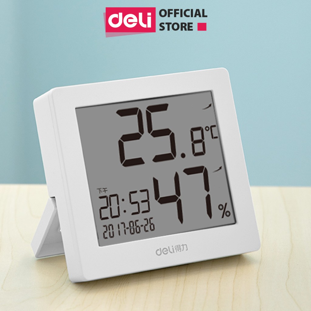 Nhiệt ẩm kế điện tử Deli - Đo nhiệt độ, độ ẩm trong nhà, phòng ngủ cho bé - Tích hợp đồng hồ xem giờ, ngày tháng - 8813