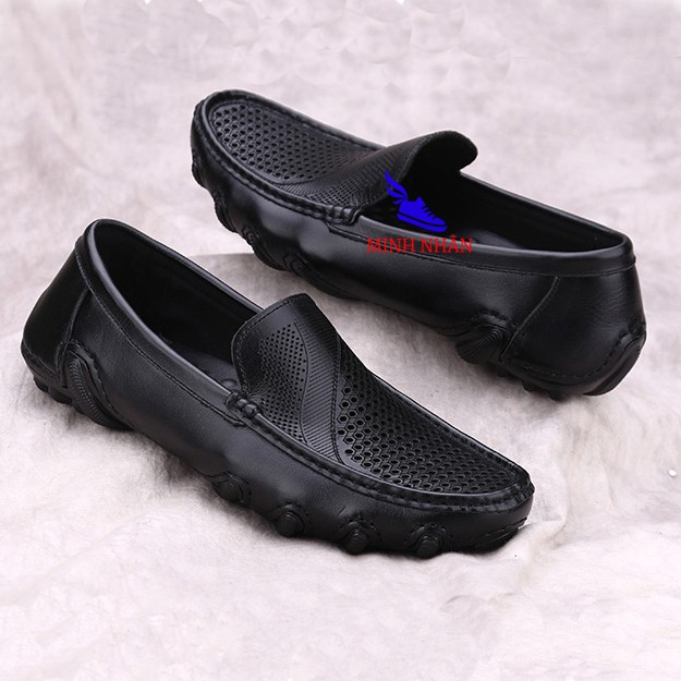 Giày rọ nam da bò cao cấp đẹp mẫu mới nguyên tấm Slipons đế khâu mùa hè đục lỗ thoáng khí Men’s Summer Shoes H-8 màu đen