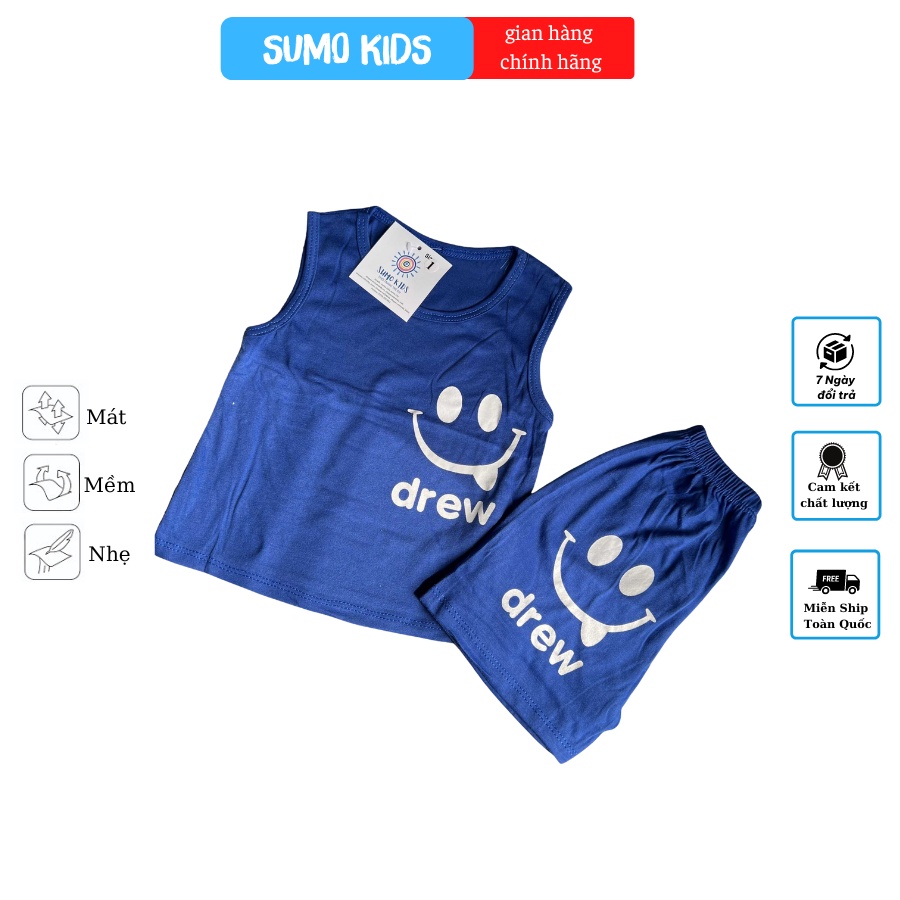 Bộ ba lỗ cho bé trai in miệng cười drew, sét đồ sát nách hè cho bé gái từ 8-18kg - SUMO KIDS