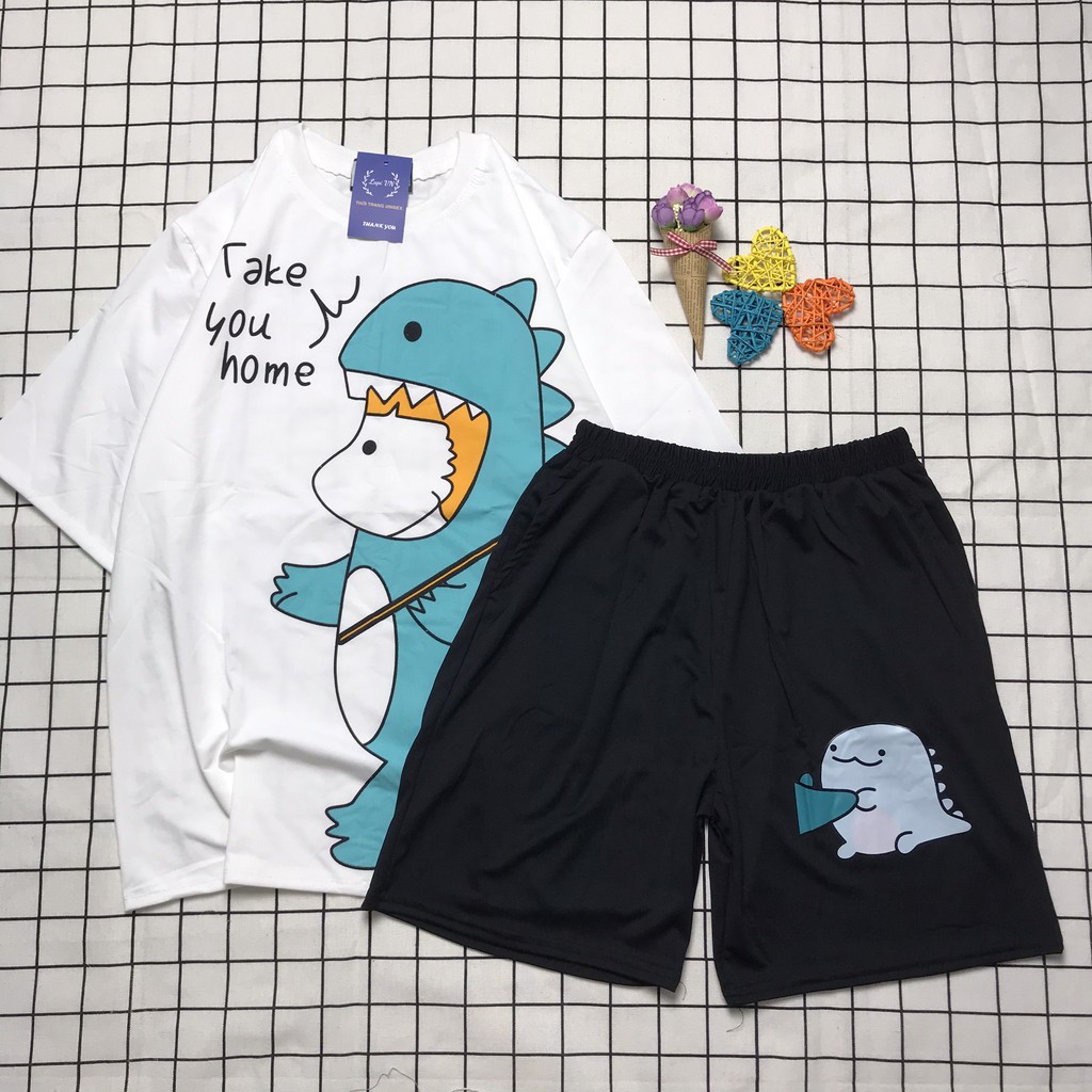 [ẢNH THẬT] Set Đồ Bộ Khủng Long &quot; TAKE YOU HOME&quot;  cartoon 3D Cute -Lapi VN Áo+ Quần Đùi Vải Thun Cotton, Freesize,Tay Lỡ