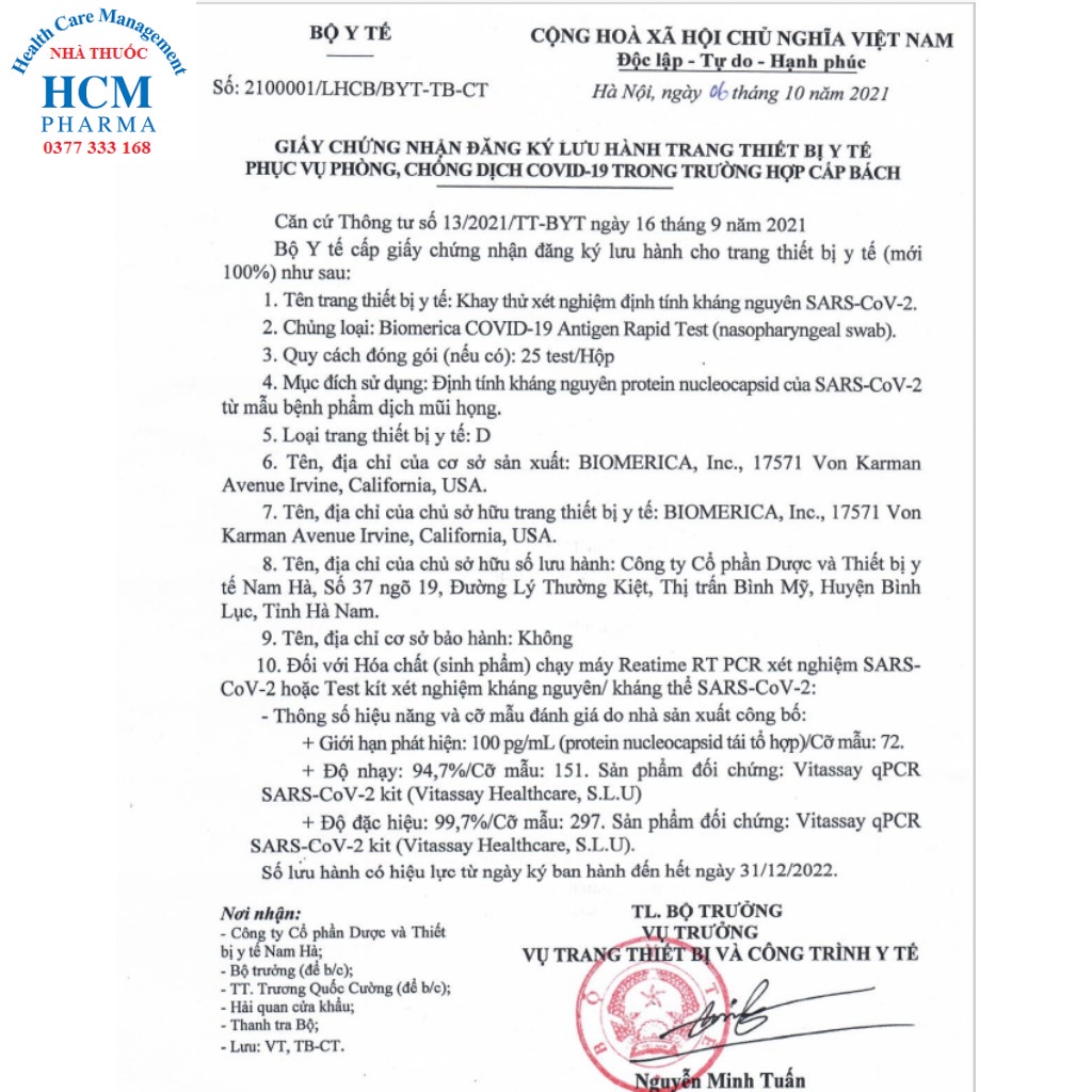 Biomerica COVID-19 Ag Test nhập khẩu Mỹ - 1 cái HCM41