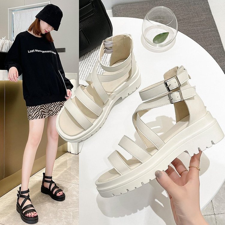 (Order) Flat Crossed Metal Double Button Back Zipper Roman Sandals sandal nữ