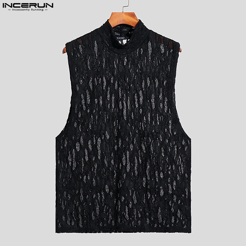 Áo tanktop INCERUN cổ lọ phối ren phong cách retro cho nam