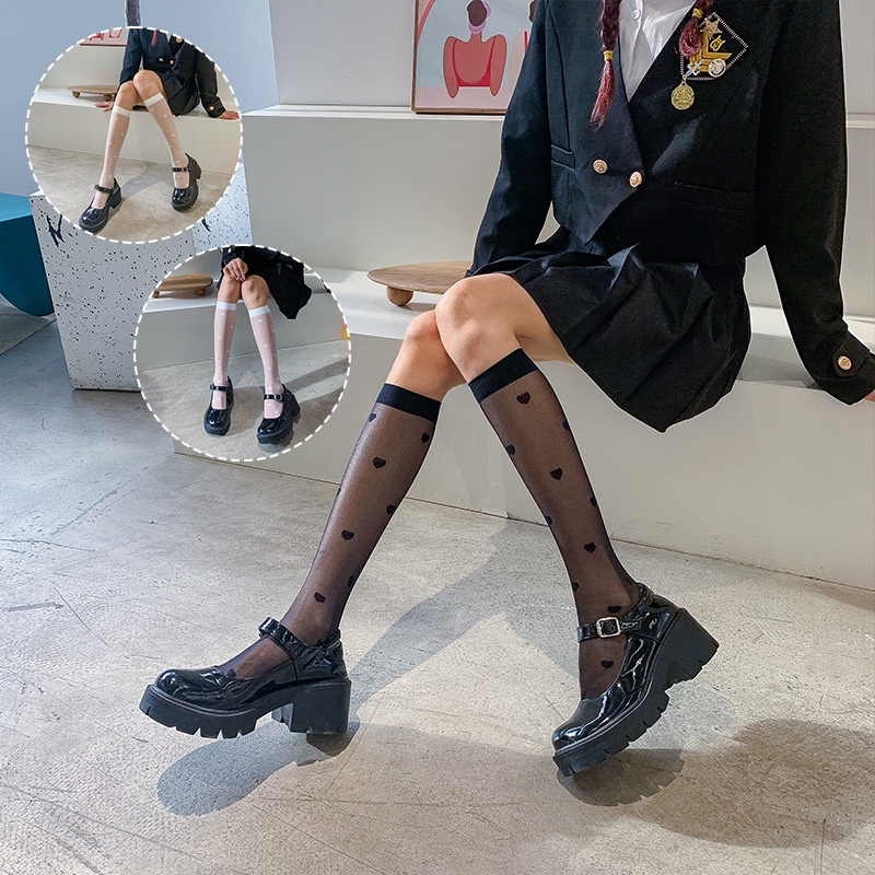 Tất Đầu Gối Siêu Mỏng In Họa Tiết Trái Tim Màu Đen/Trắng Phong Cách Lolita